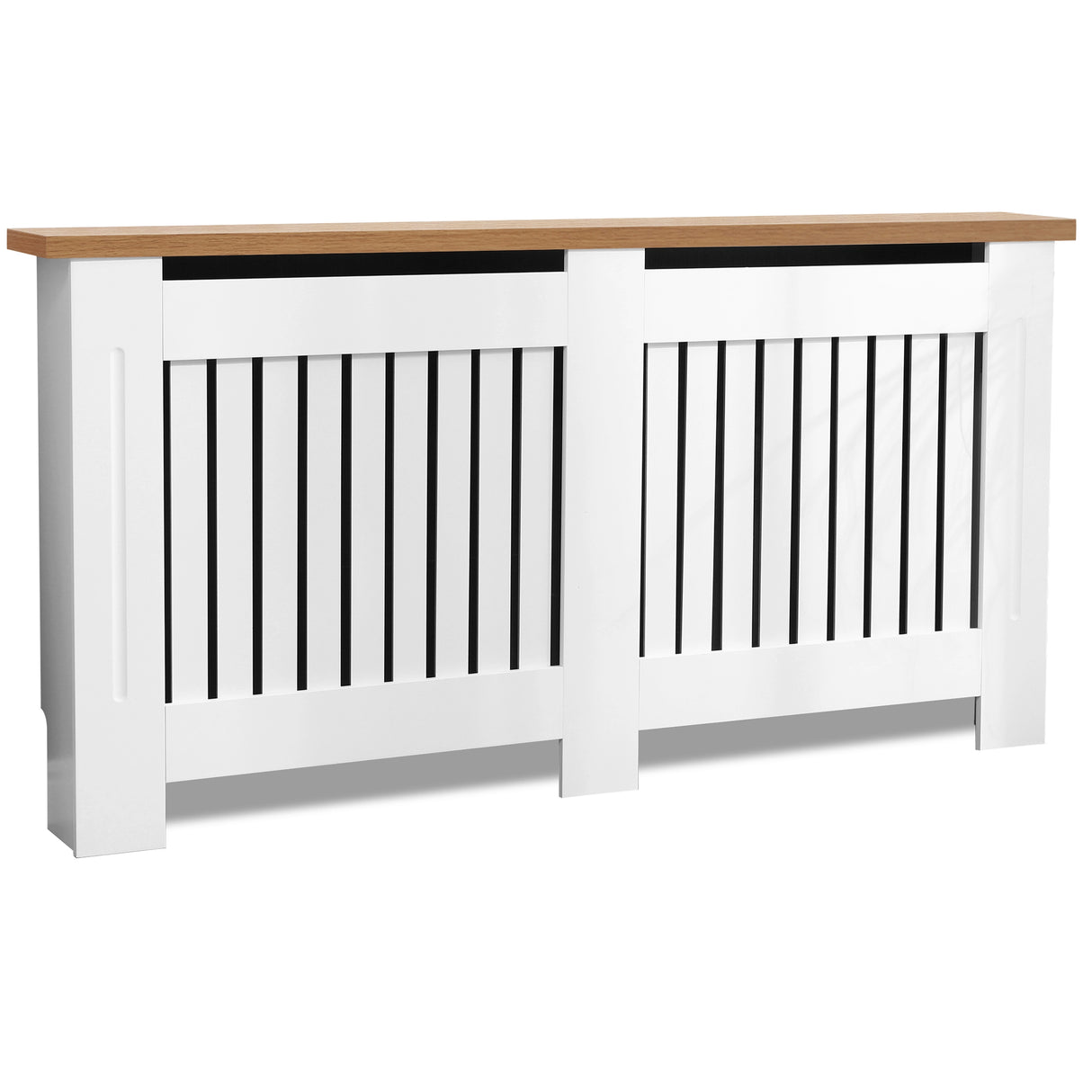Angled front shot of white radiator covers with oak top, enhancing the living room's appeal with modern elegance.