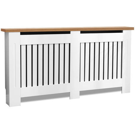 Angled front shot of white radiator covers with oak top, enhancing the living room's appeal with modern elegance.