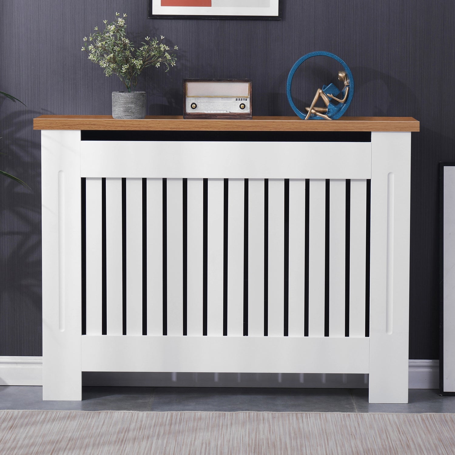 Medium white radiator cover with oak top seen from the front in a living room, ideal for stylish interiors.