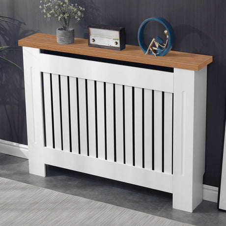 Medium oak radiator cover with white finish displayed in a cozy living room, combining form and function.