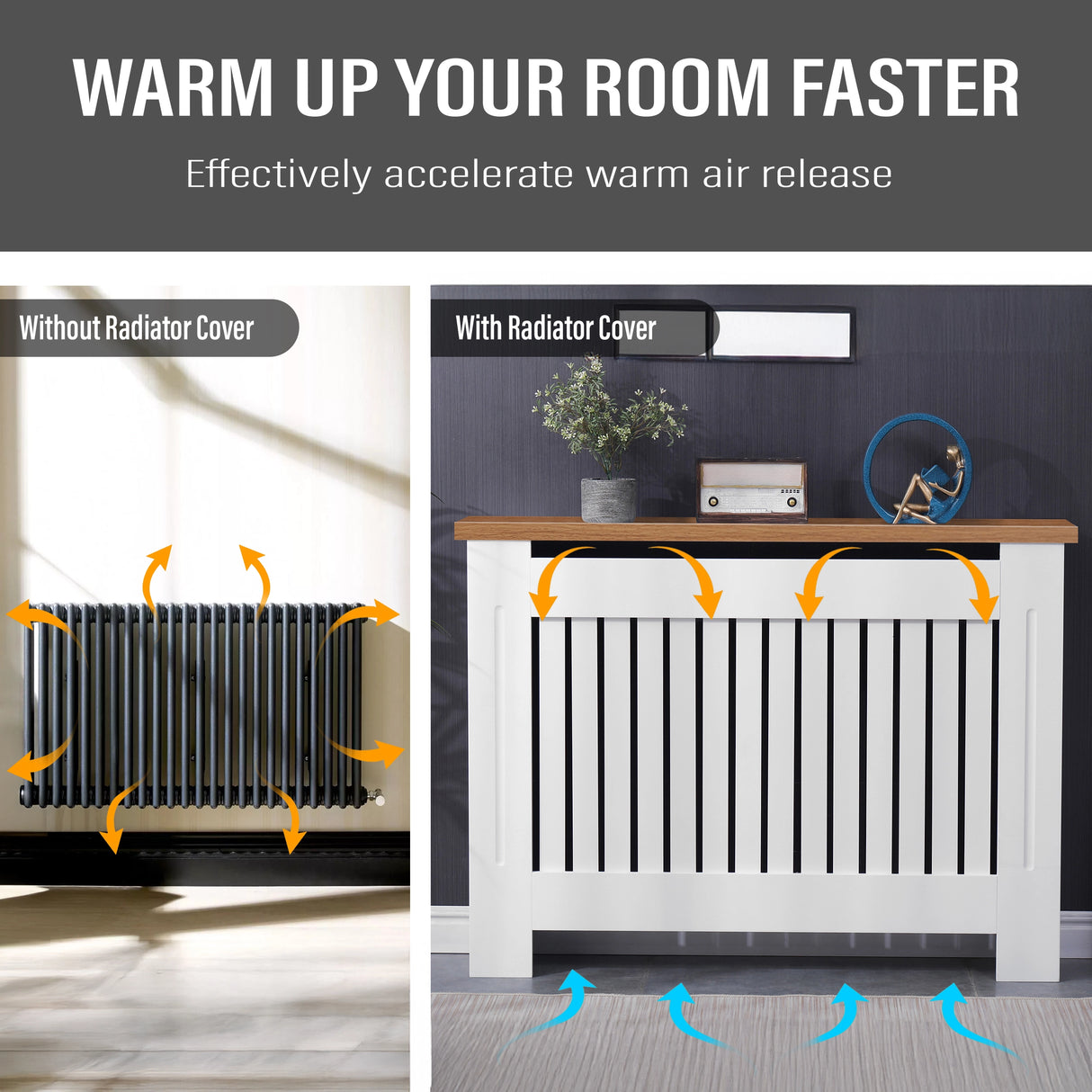 Medium slim radiator covers in white with oak top shown in hallway, enabling airflow while hiding the radiator.