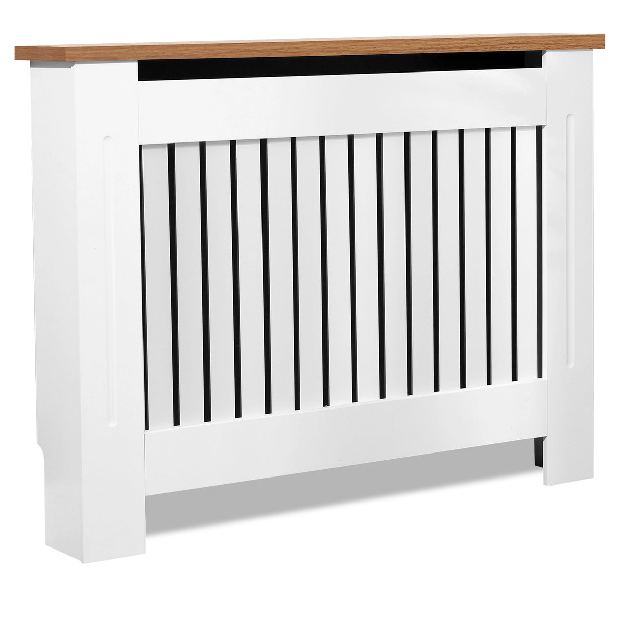 Medium oak radiator cover with white finish shown from a tilted front angle for a modern touch.
