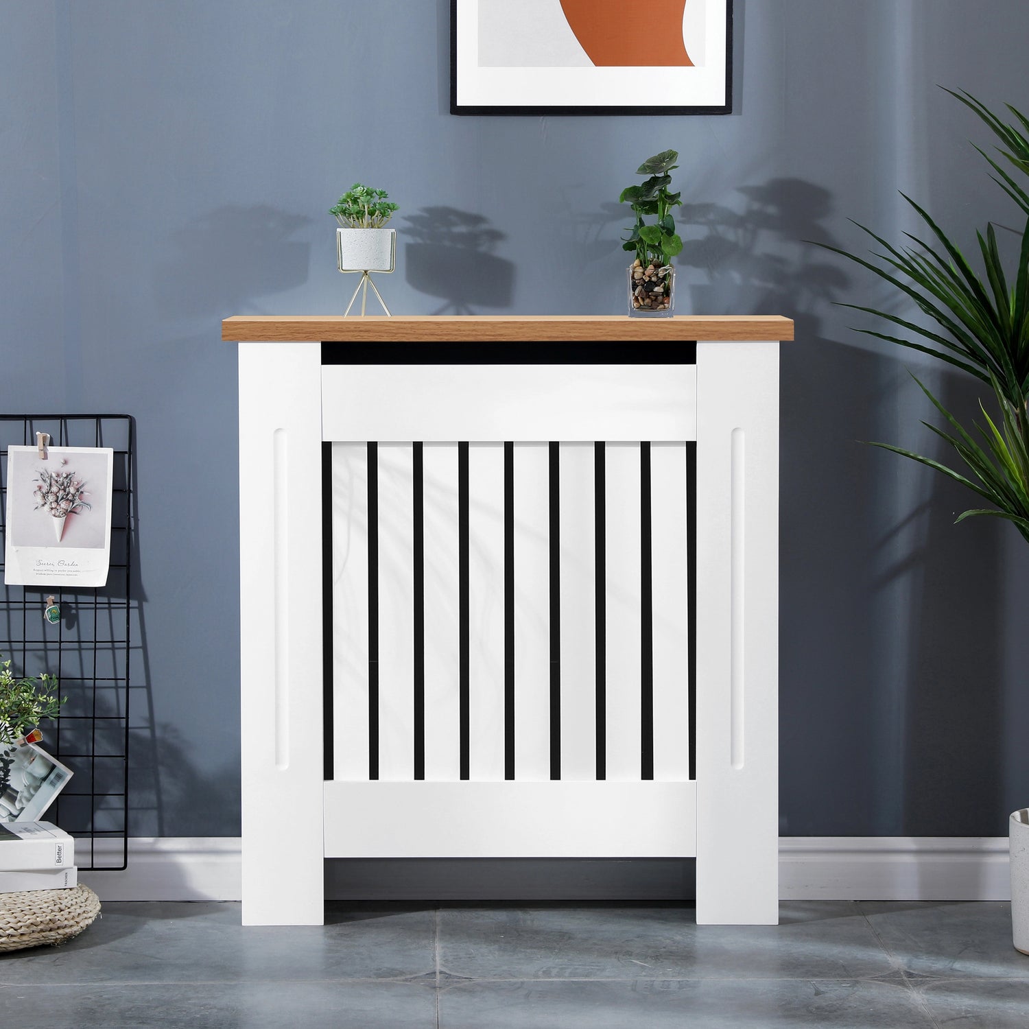 White hallway radiator cover with oak top shown from a front view, offering both function and elegance.