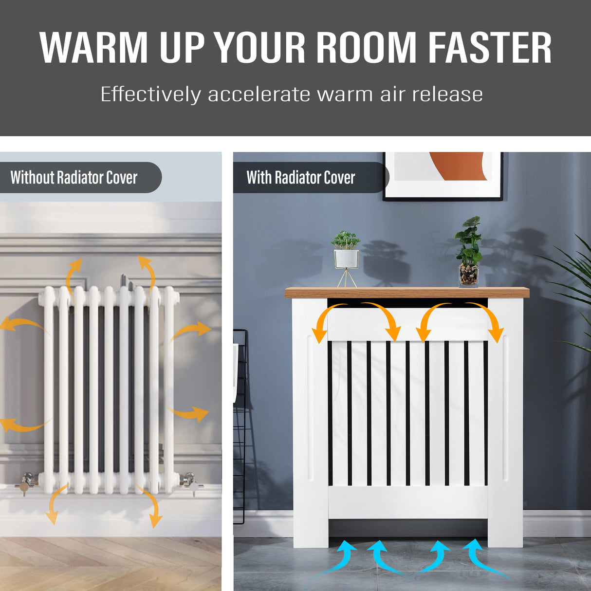 White small radiator cover with oak top shown in hallway, allowing hot air flow while adding decorative appeal.