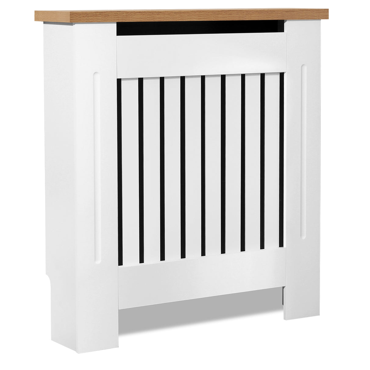 Modern radiator cover with white base and oak top shown from front and side view, perfect for stylish homes.