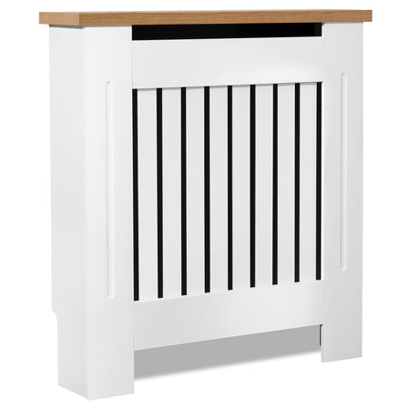 Modern radiator cover with white base and oak top shown from front and side view, perfect for stylish homes.