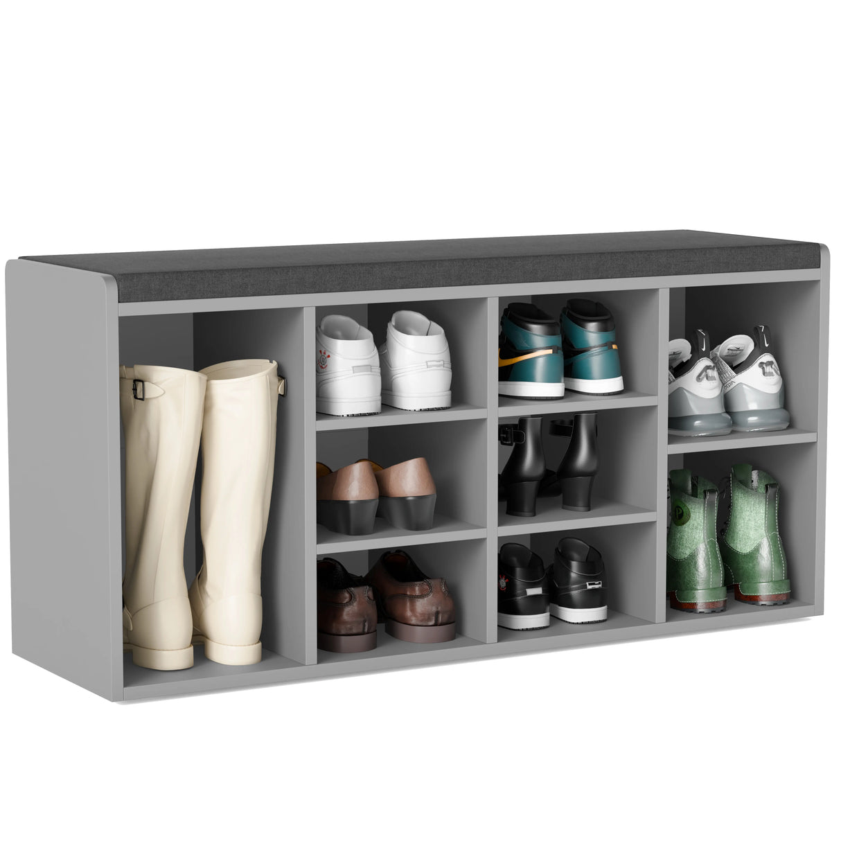 Gray shoe storage bench with various shoes on a white background
