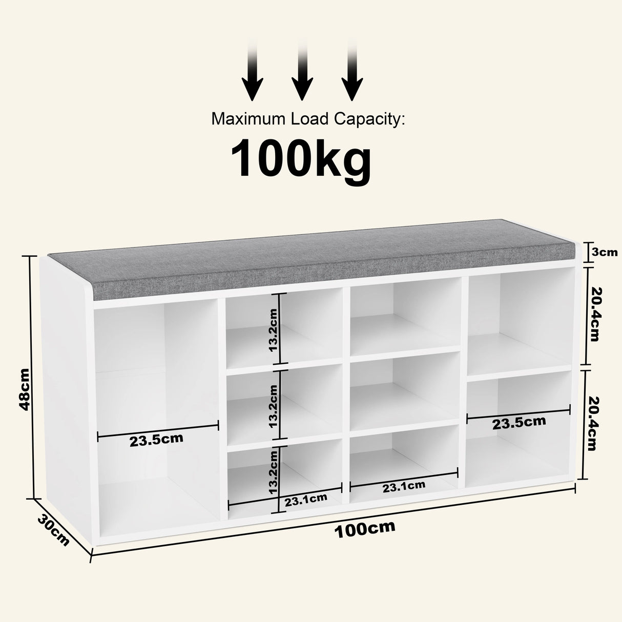 Hallway shoe storage bench with cushion and adjustable shelves, 100cm wide, 48cm high, supports up to 100kg.