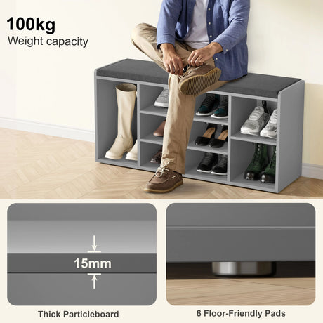 Hallway shoe storage bench with cushion and adjustable shelves in grey, featuring 9 compartments for organized shoe storage and 100kg weight capacity.