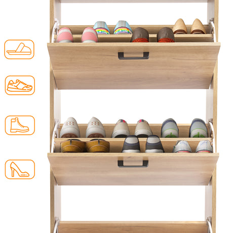 This wooden shoe cabinet reveals three levels provide space for housing a mix of shoes like boots, Crocs, and slippers.