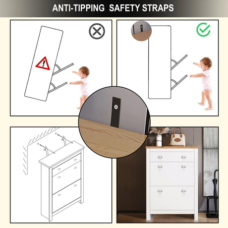 narrow shoe cabinet safety diagram in white with oak top finish highlighting anti‑tipping device for child‑friendly use