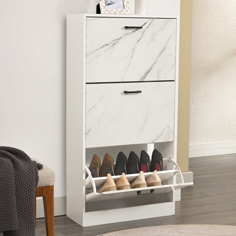 White shoe cabinet in a 3 tier shoe cabinet layout in marble finish with stored footwear shown in the bottom drawer.