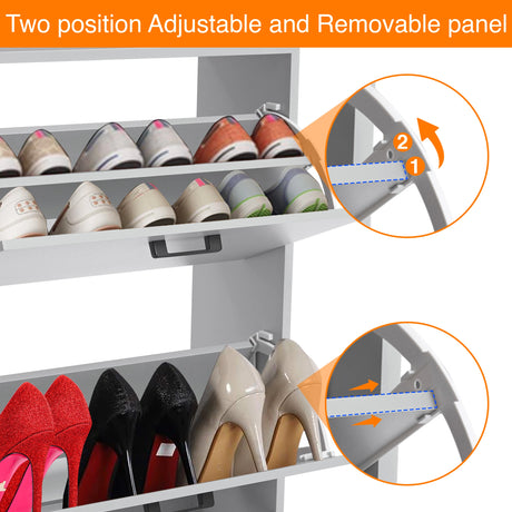 Adjustable pull-down drawers in this light grey shoe storage cabinet allow easy organisation of heels and sneakers.
