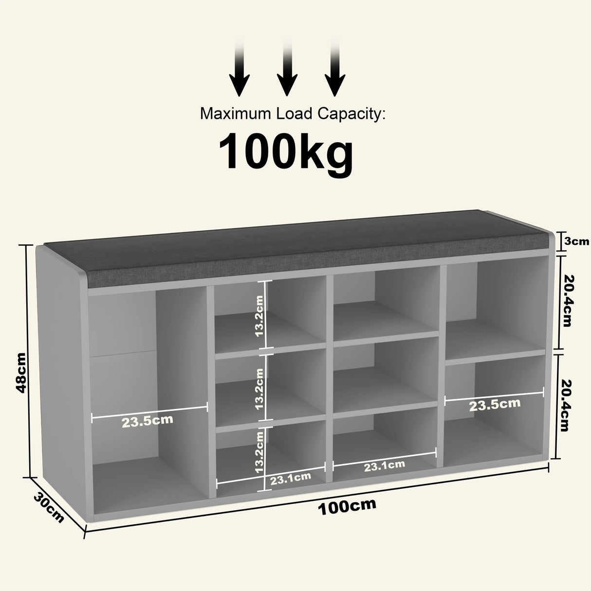 Hallway Shoe Storage Bench With Cushion & Adjustable Shelves, 100cm wide with 100kg load capacity. Features 9 compartments for organized shoe storage.