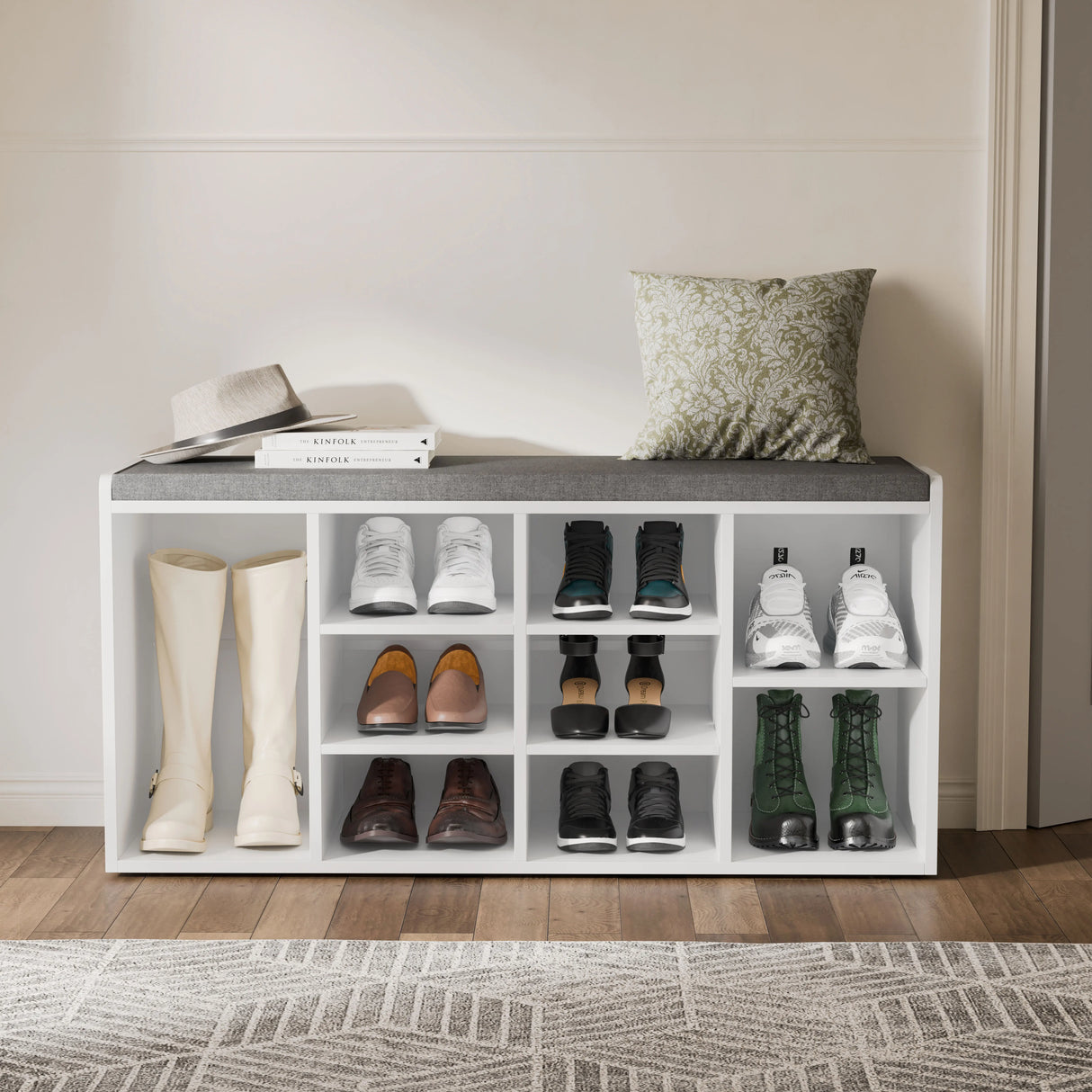 Hallway Shoe Storage Bench With Cushion & Adjustable Shelves in white with grey seat, featuring 9 cubbies for organized shoe storage. Ideal for entryways.