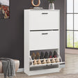 White shoe cabinet featuring a 3 tier shoe cabinet design, showing footwear stored in the lowest pull-down drawer.