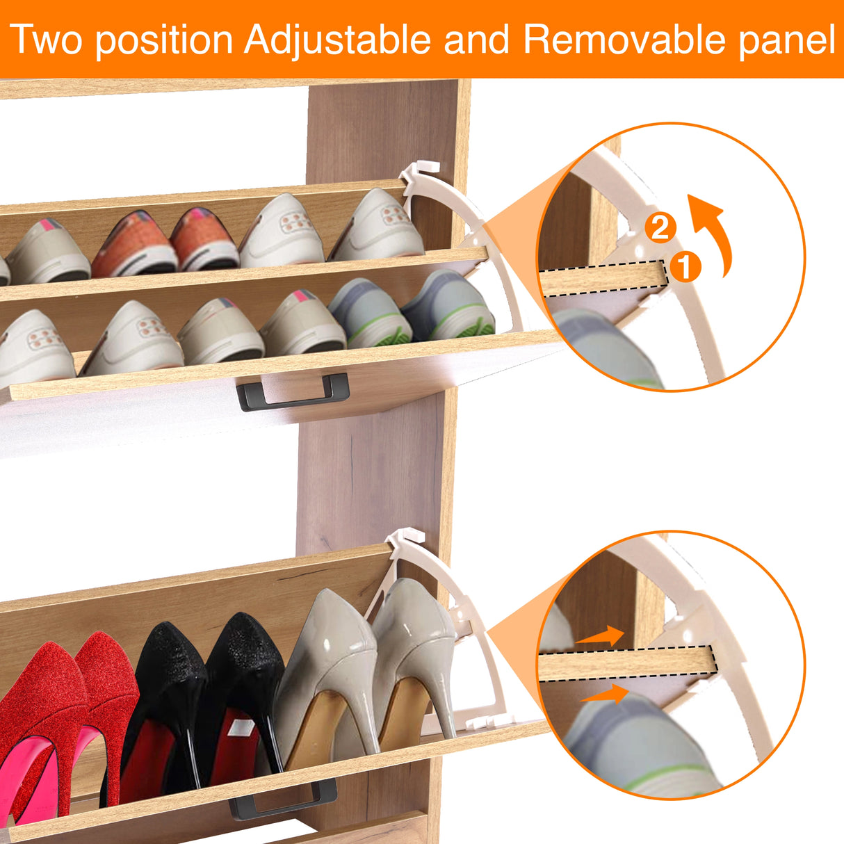 Shoe cabinet hallway close-up showing pull-down drawers with adjustable separators for high heels or boots.