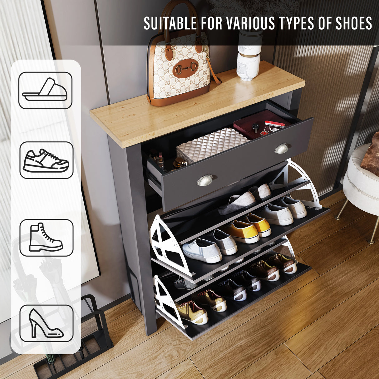 shoe cabinet with doors close‑up of grey oak drawers storing slippers, sneakers, boots and wellies, decor and bag above