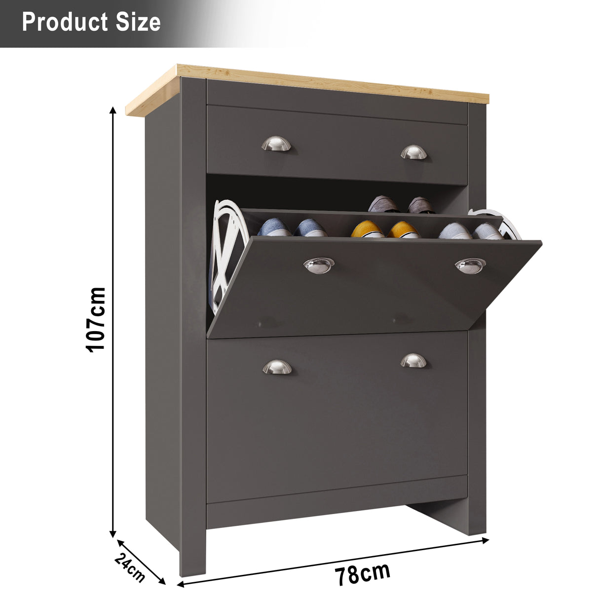 Grey tall shoe cabinet with oak top finish dimension width 78 cm, depth 24 cm, and height 107cm.