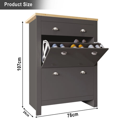 Grey tall shoe cabinet with oak top finish dimension width 78 cm, depth 24 cm, and height 107cm.