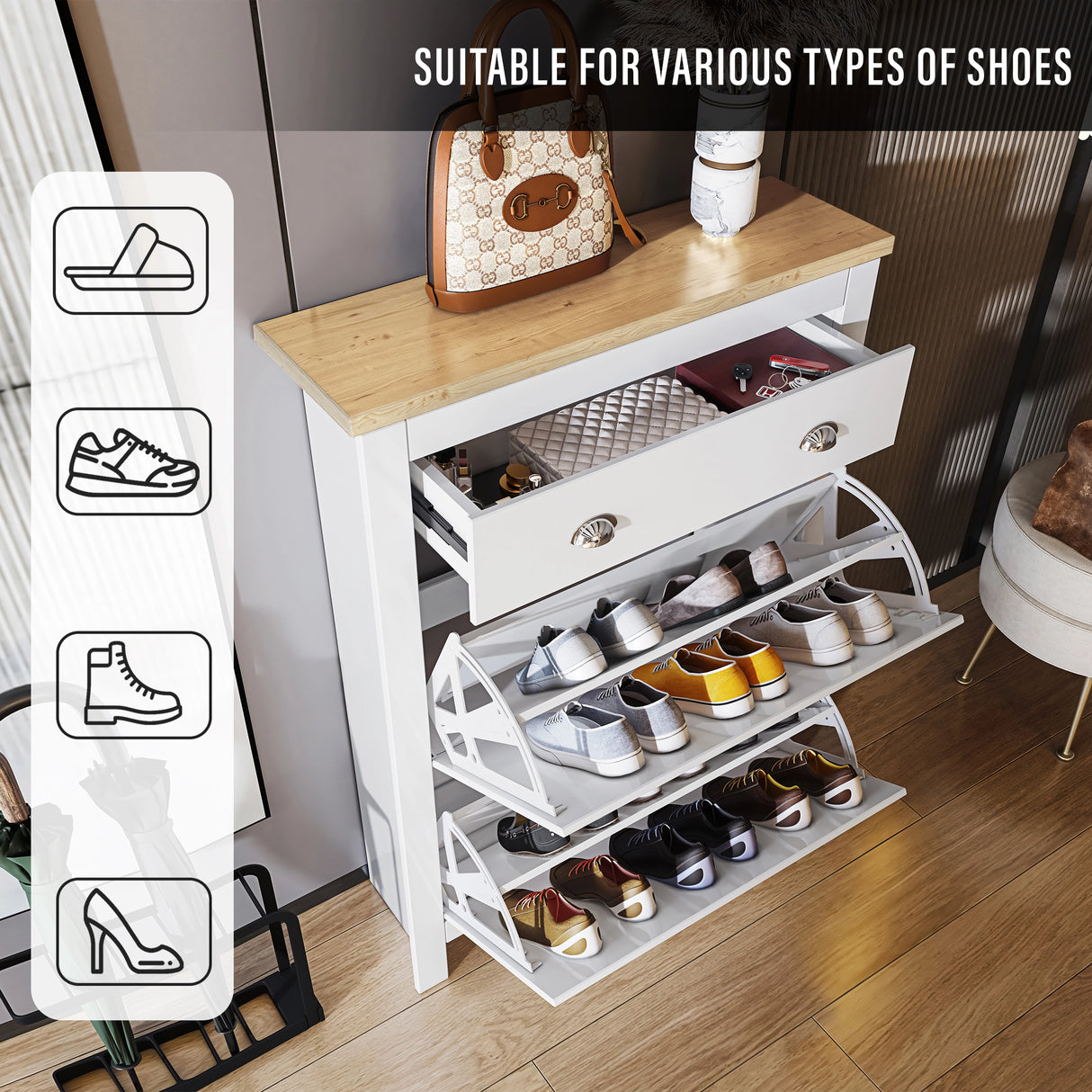 close‑up of white shoe storage cabinet with oak top drawers suitable for slippers, crocs, sneakers, boots and wellies