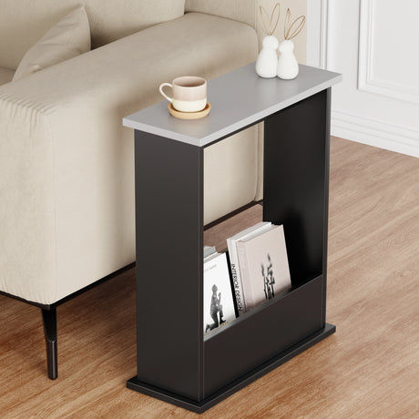 end tables for living room in black with silver grey top, books in front slot and coffee cup on top