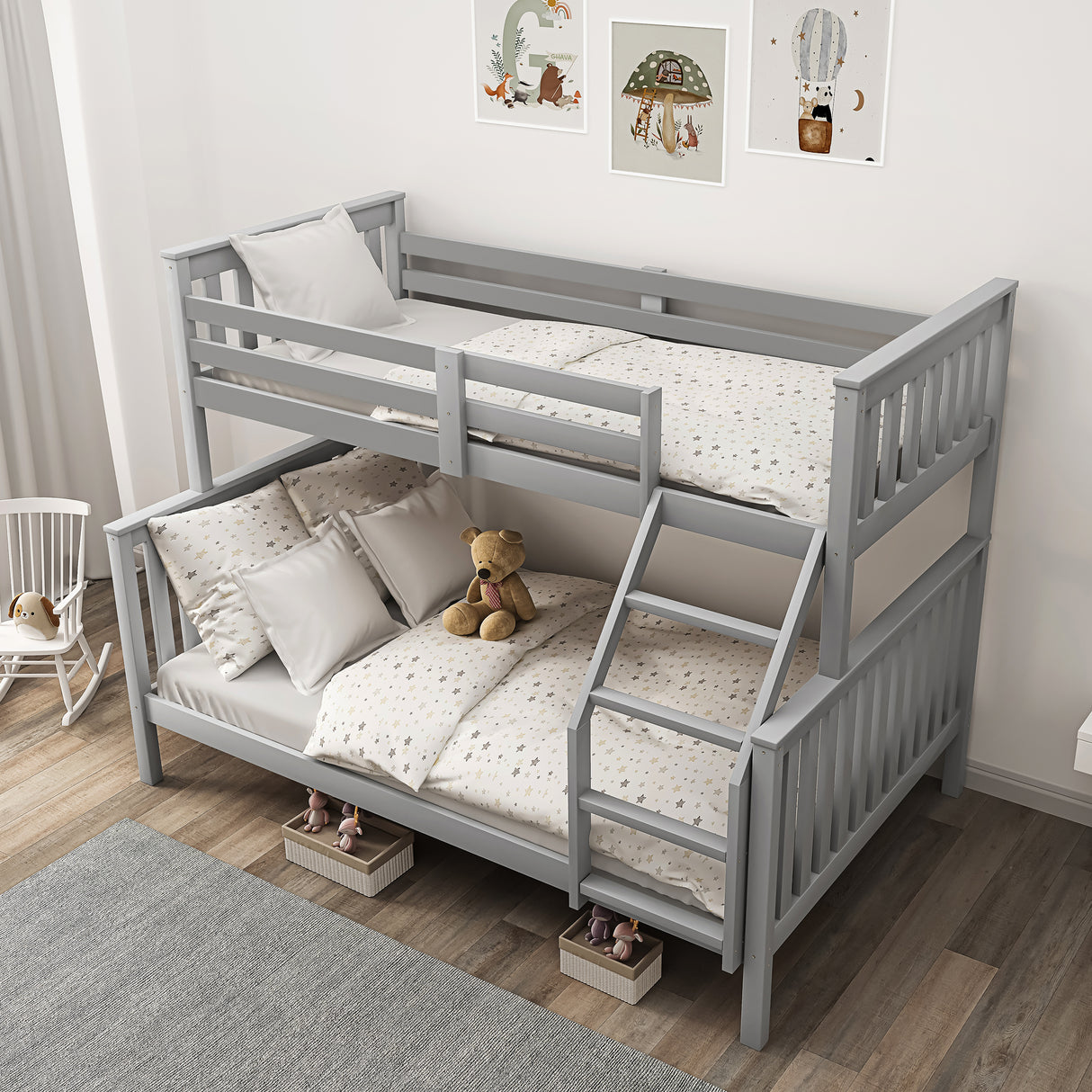 Top-down view of grey triple bunk bed frame for kids, highlighting compact structure and modern wooden finish.