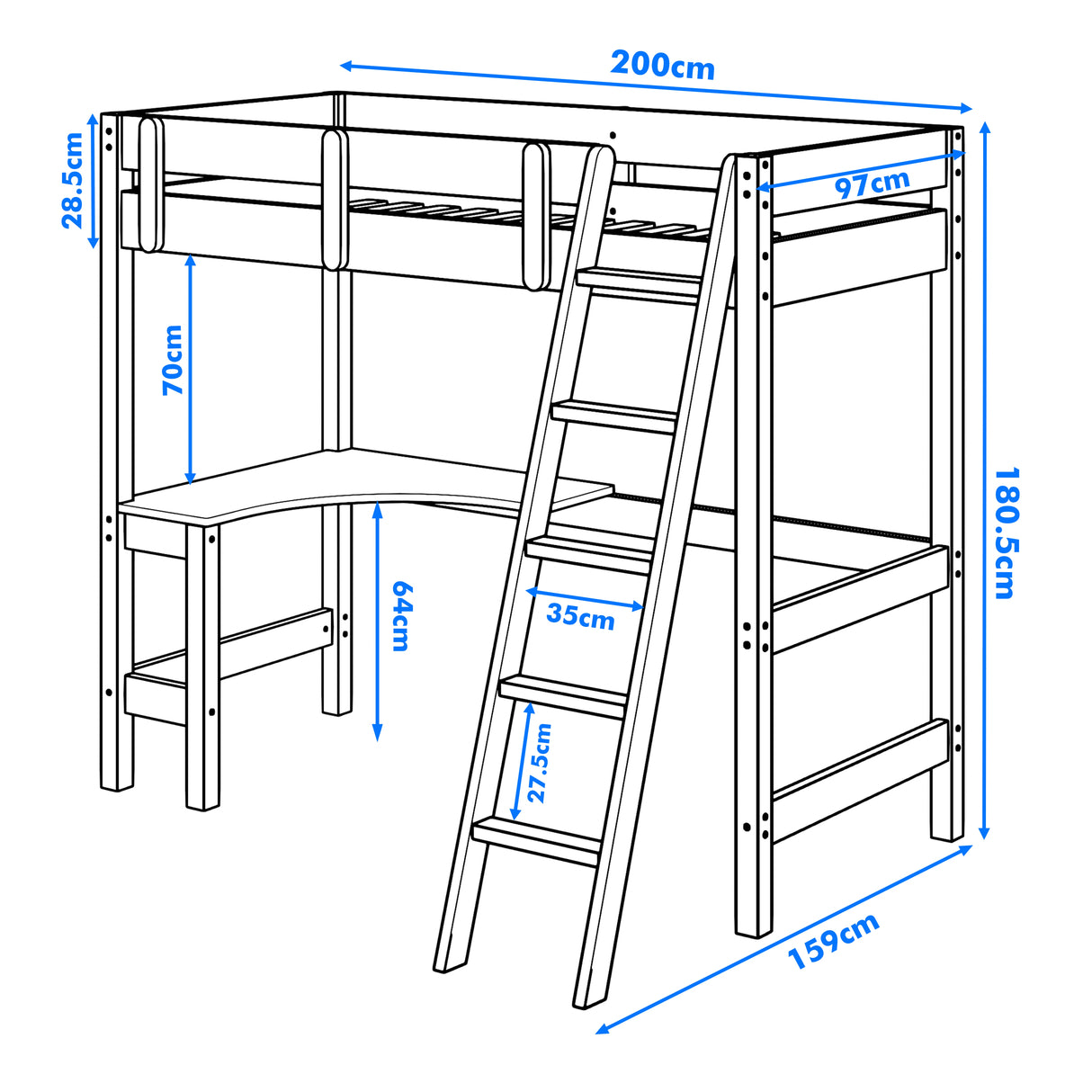 Line drawing of a single bunk bed, showing measurements: 200 cm length, 97 cm width, 180.5 cm height, and a 64 cm high desk.