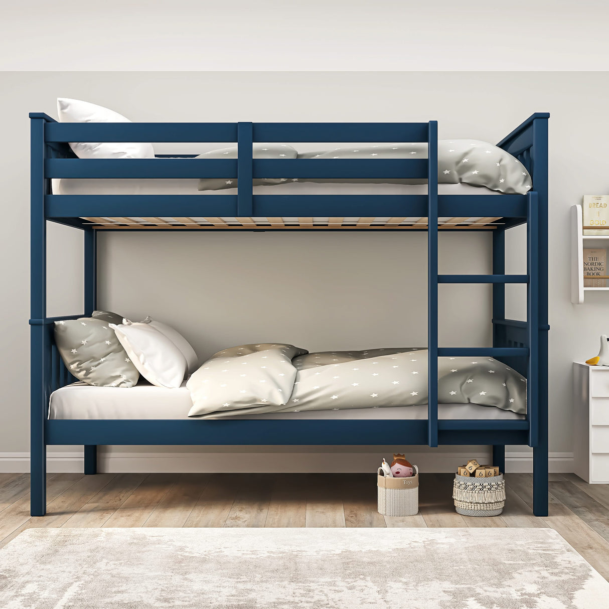 Front view of blue double bed bunk bed frame with sturdy build and clean wooden finish