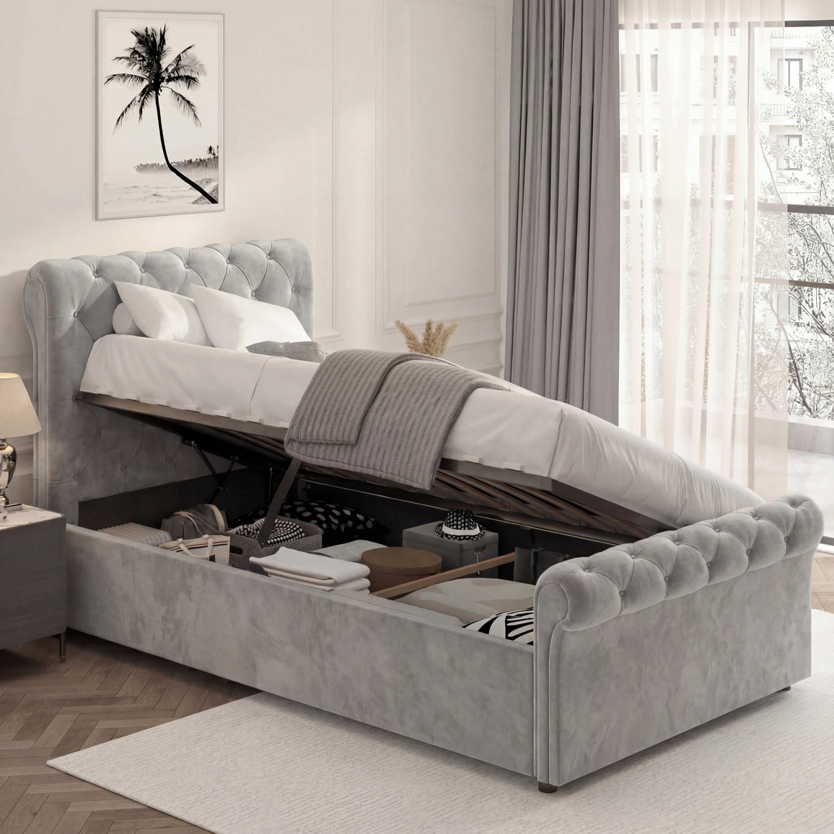 3ft grey side lift ottoman bed with raised mattress revealing internal underbed storage space