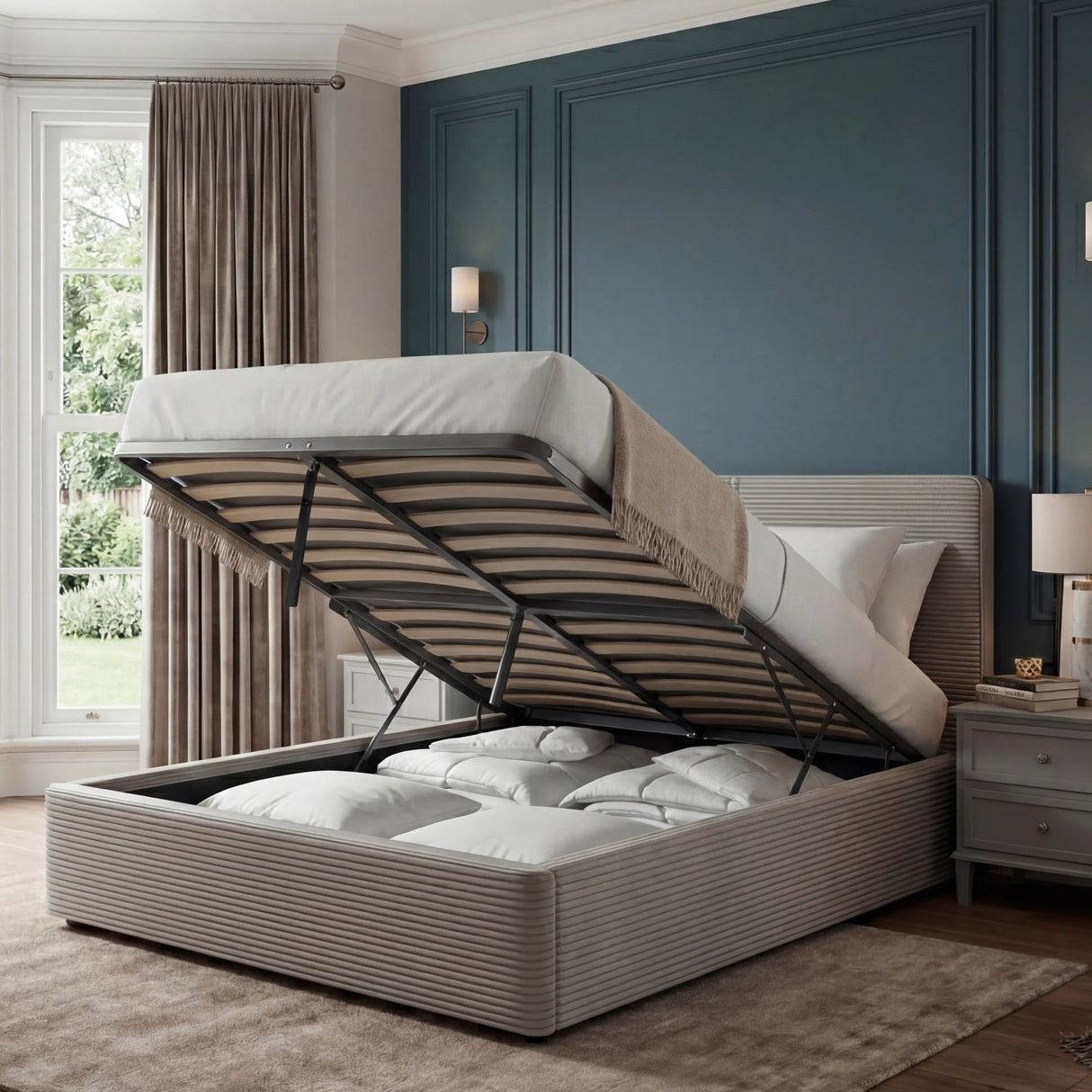 Open grey single ottoman bed frame with storage showing beddings stored inside, placed in a bedroom