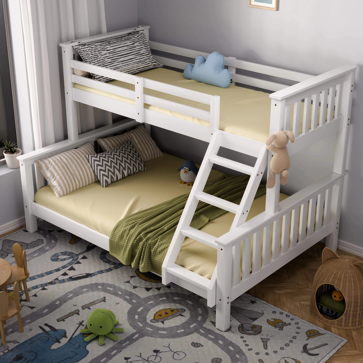 single over double bunk bed with yellow mattresses placed in a well organised child’s room