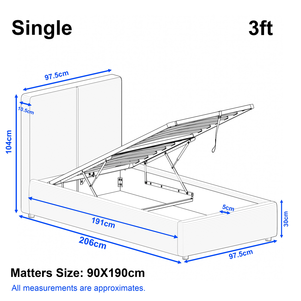 Single storage bed frame size showing: Length 206 cm, width 97.5 cm, headboard height 104 cm