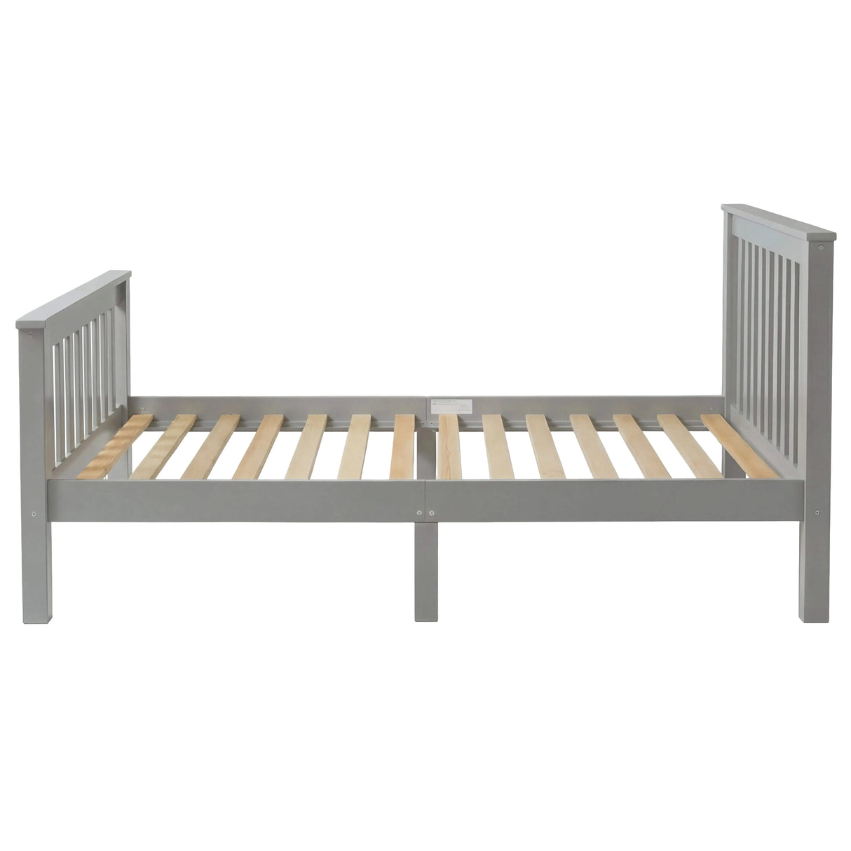 Stylish grey wooden bed frame with slatted pattern and sturdy legs, perfect for a modern and functional bedroom setup