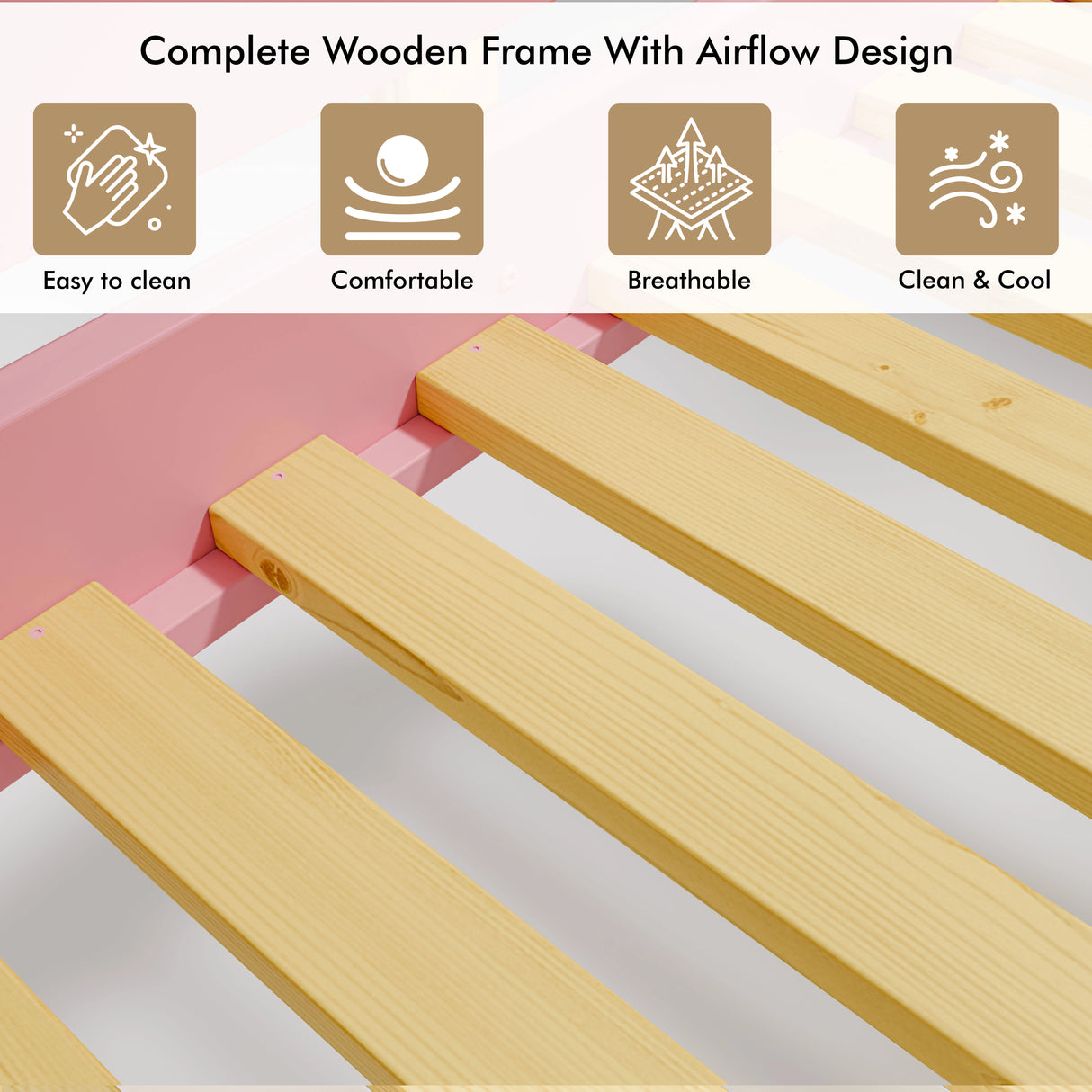 Close-up of single wooden bunk bed with desk slats with icons highlighting easy to clean, breathability, and comfort features