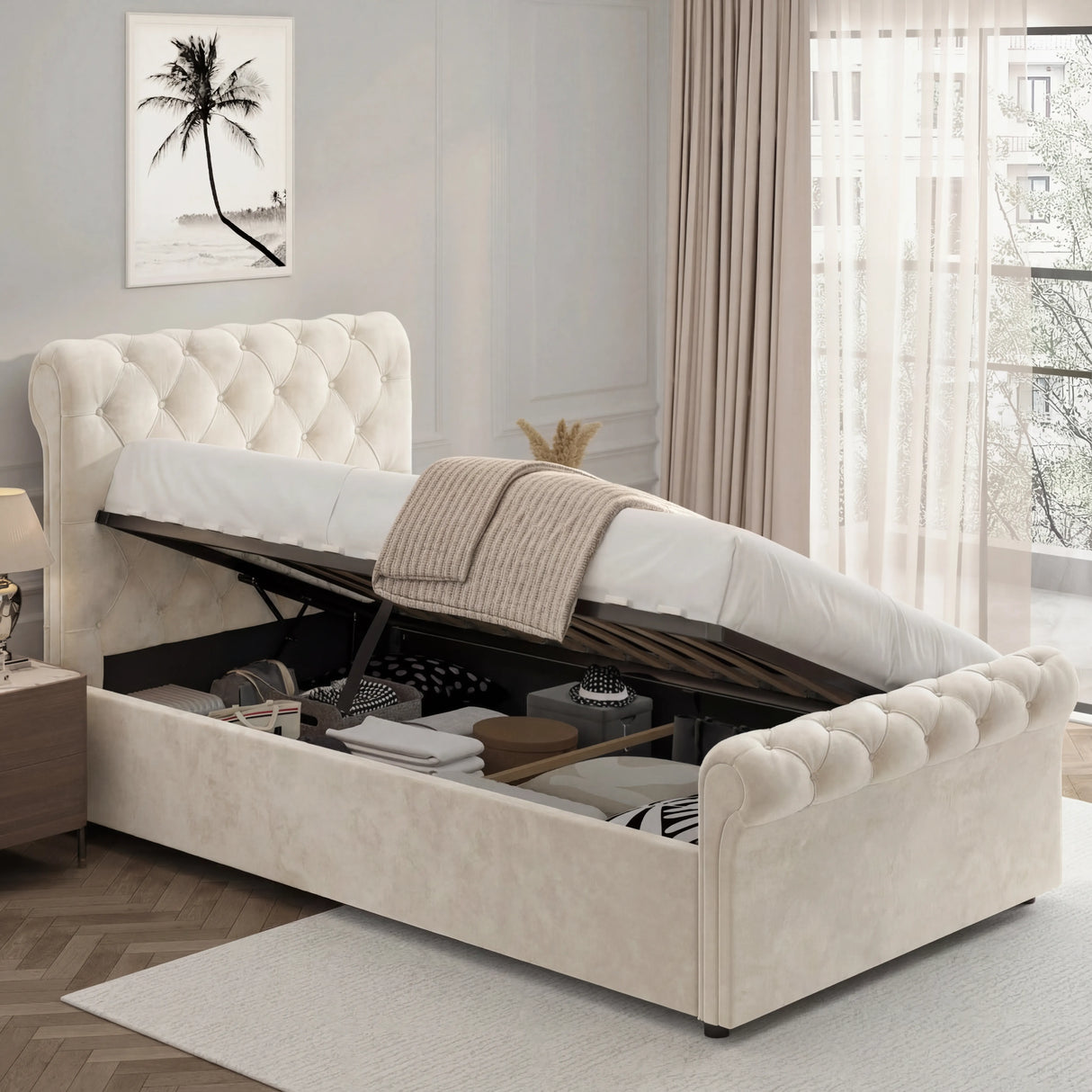 Beige side lift ottoman bed frame open to show ample under-bed storage space, ideal for compact bedrooms and smart organization.