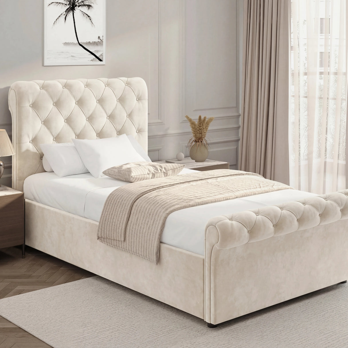 Beige Chesterfield Ottoman Storage Bed with side lift function, velvet upholstery and tufted design for stylish bedroom storage.