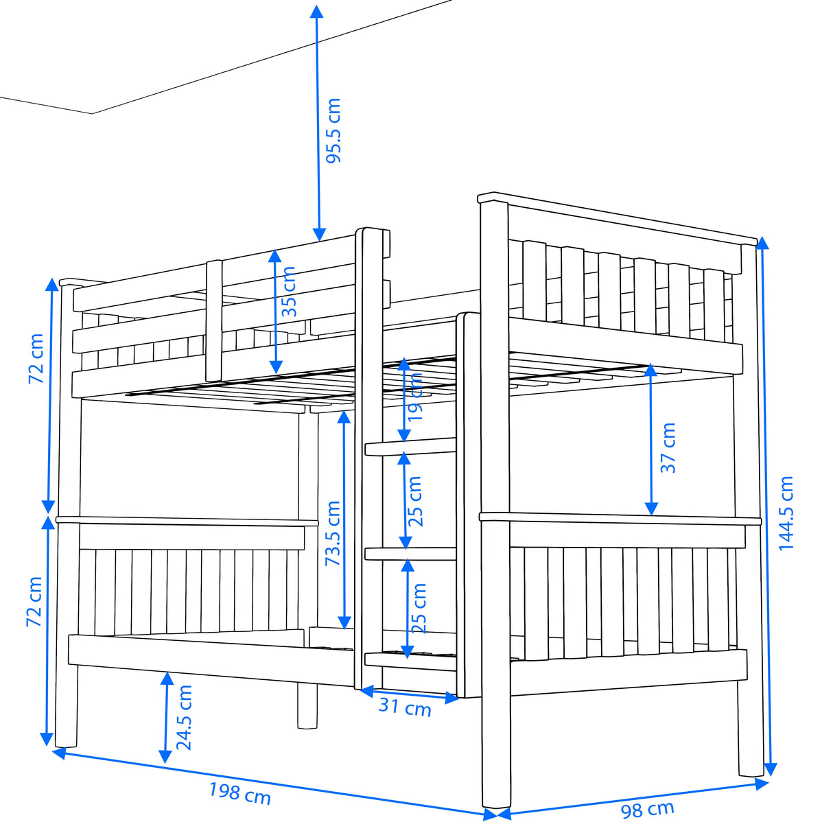 double bunk bed frame dimensions: Length 198cm, Height 144.5cm, width 98cm, and 73.5cm gap between bunks