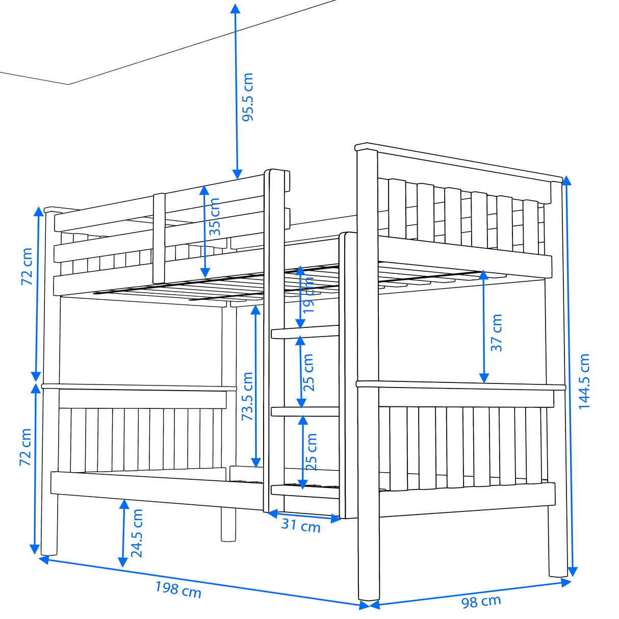 double bunk bed frame dimensions: Length 198cm, Height 144.5cm, width 98 cm, and 73.5cm gap between bunks