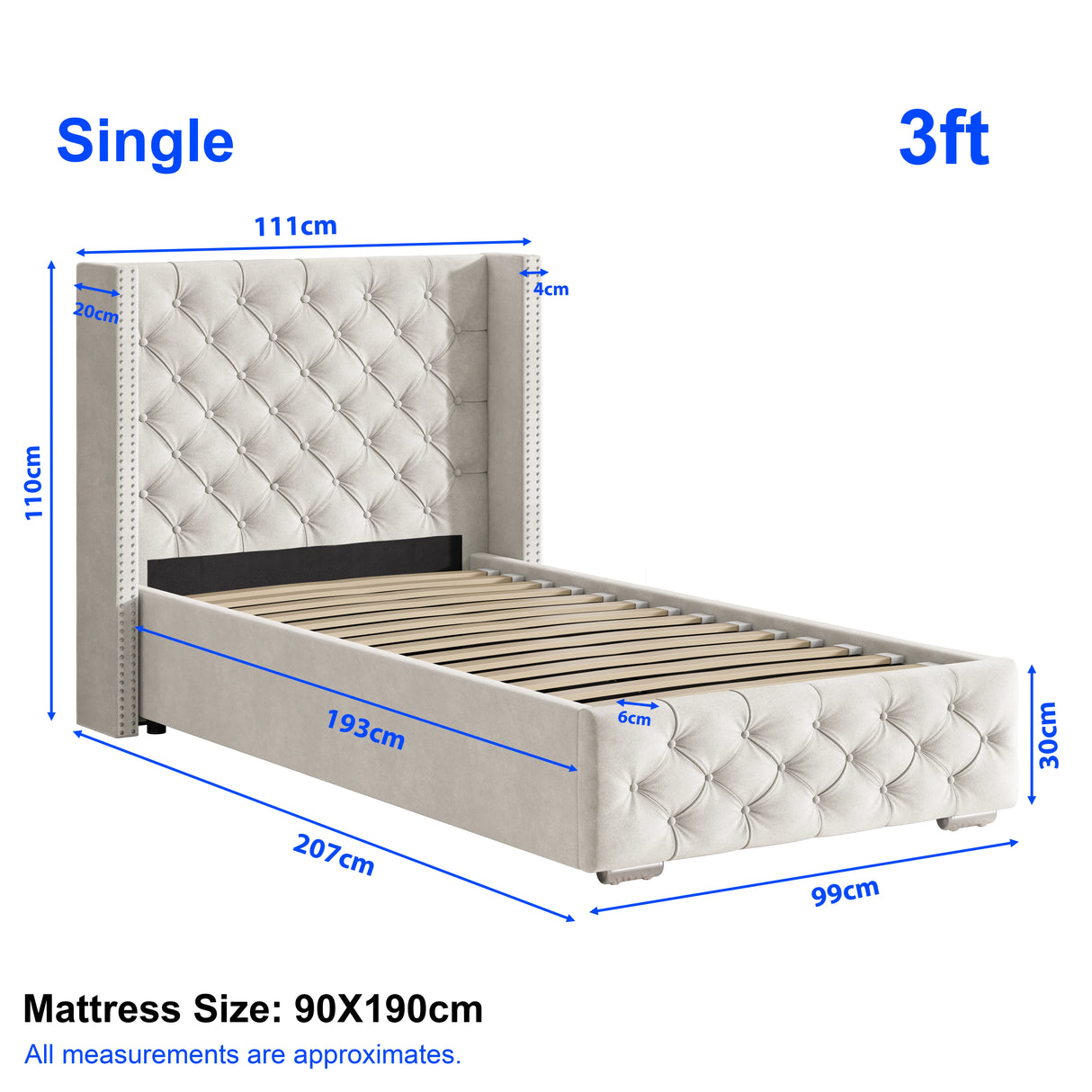 Single 3ft Cross Pattern Velvet Ottoman Storage Bed with winged headboard in beige. Features lift-up storage and tufted velvet upholstery.