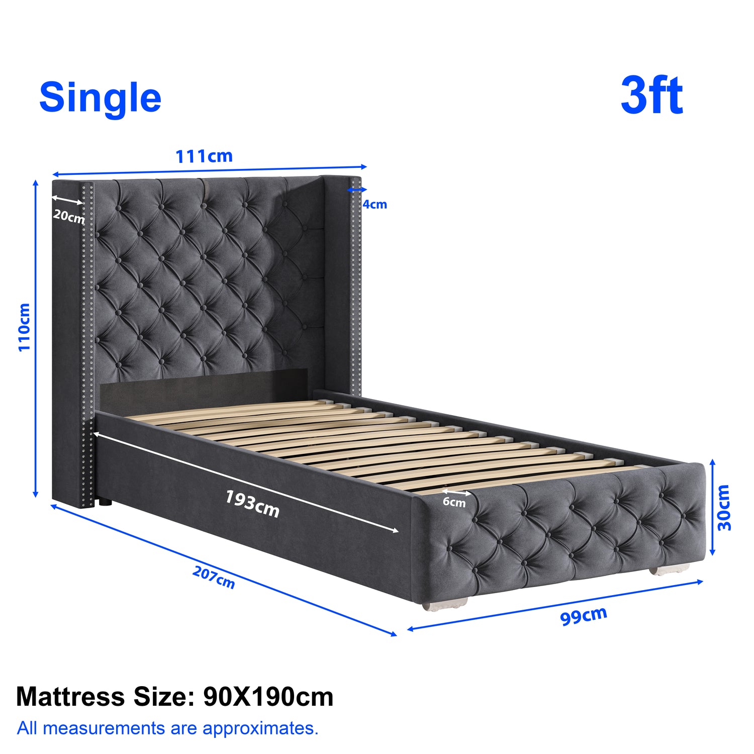 Single 3ft Cross Pattern Velvet Ottoman Storage Bed with winged headboard in dark grey. Features tufted design and lift-up storage base.