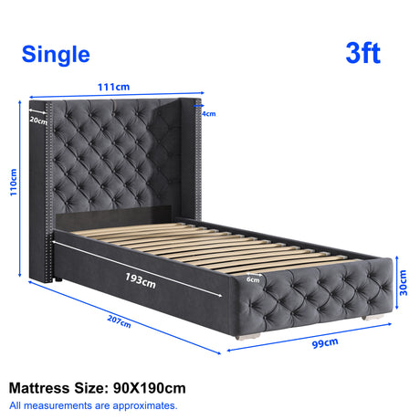 Single 3ft Cross Pattern Velvet Ottoman Storage Bed with winged headboard in dark grey. Features tufted design and lift-up storage base.