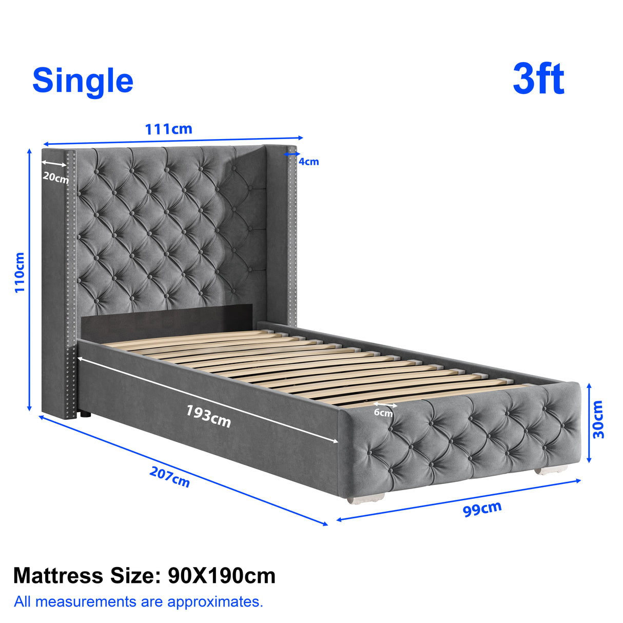 Single 3ft Cross Pattern Velvet Ottoman Storage Bed with winged headboard in grey, featuring lift-up slatted base and tufted design. Mattress size 90x190cm.