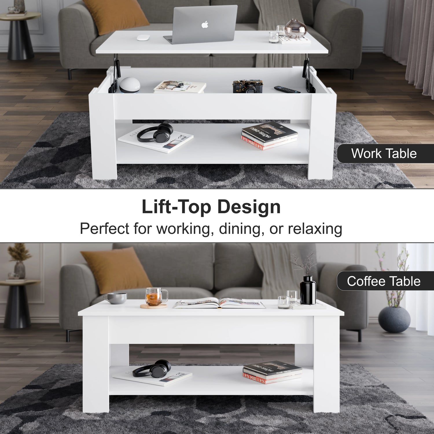 Lift Top Storage Coffee Table in white with 120cm wide surface, shown in raised position for work and lowered for casual use in a modern living room.