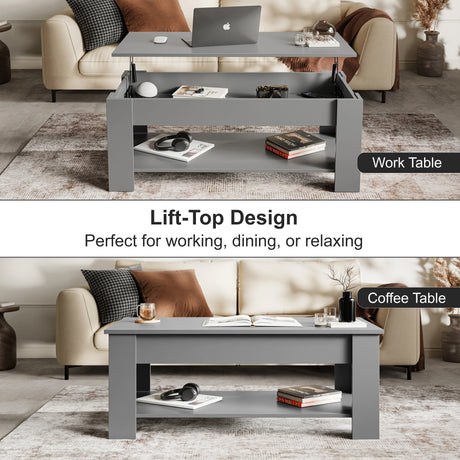 Lift Top Storage Coffee Table in grey with 120cm wide surface, shown in raised and closed positions for work and relaxation in a modern living room.