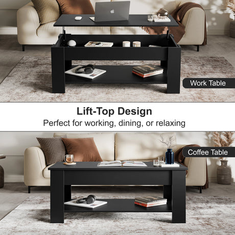Lift Top Storage Coffee Table in black with adjustable top, shown as both a work table and coffee table in a modern living room setup.
