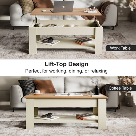 Lift Top Storage Coffee Table in cream and pine finish, shown with raised tabletop for work and lowered for casual use. Ideal for UK living rooms.