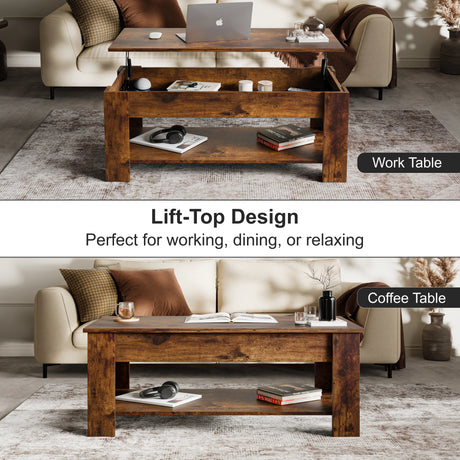 Lift Top Storage Coffee Table in rustic finish with adjustable tabletop for work or dining, 120cm wide, ideal for modern UK living rooms.