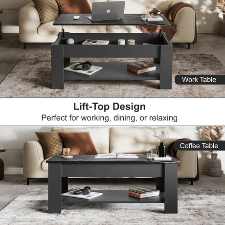 Lift Top Storage Coffee Table in black with 120cm wide surface, shown in raised and closed positions for work and relaxation in modern living room.