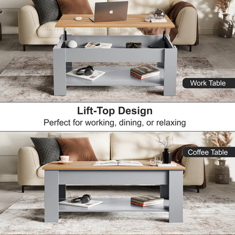 Lift Top Storage Coffee Table in grey with oak finish, shown in raised and closed positions for work and coffee use. Ideal 120cm modern tea table with storage.